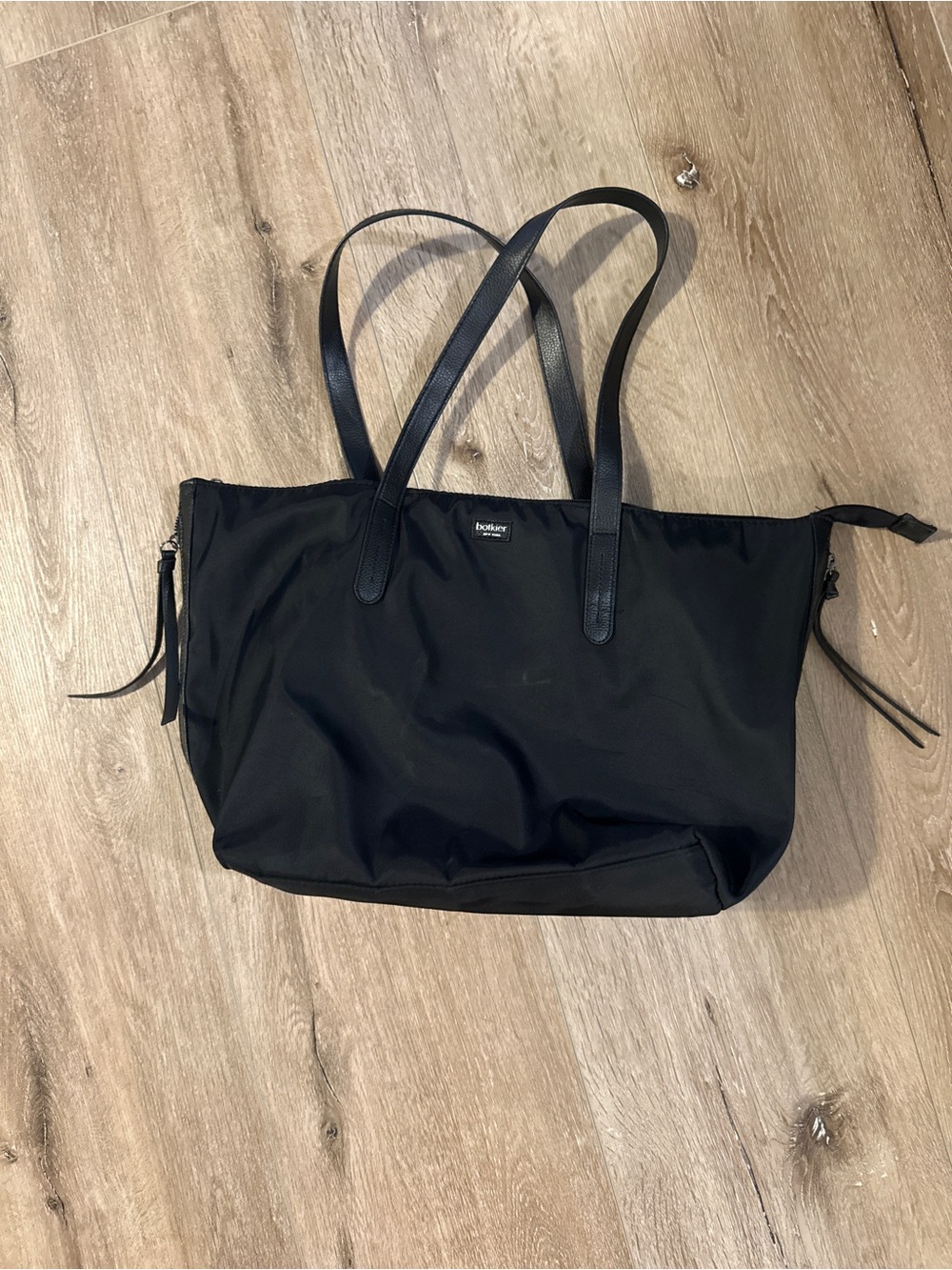 Botkier Black Nylon Tote with Leather Straps and Top Zip